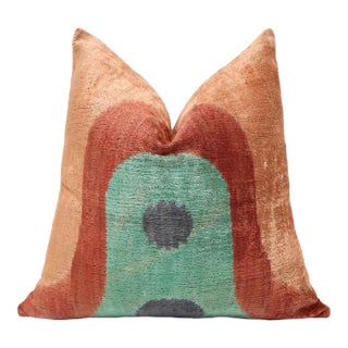 Hand-Knotted Abstract Arch Silk Velvet Pillow - 20x20 Rust & Mint For Sale