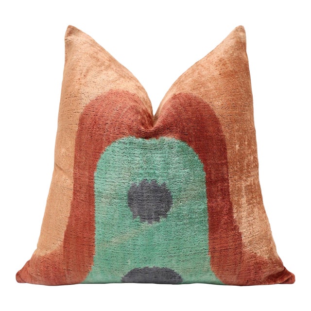Hand-Knotted Abstract Arch Silk Velvet Pillow - 20x20 Rust & Mint For Sale