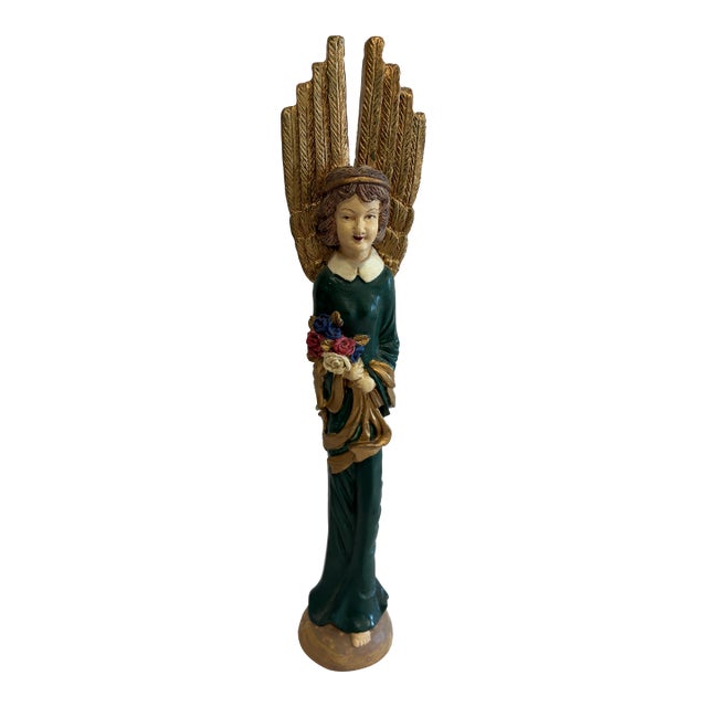 Vintage Carved Angel Figurine With Gold Feathered Wings and Painted Floral Bouquet For Sale