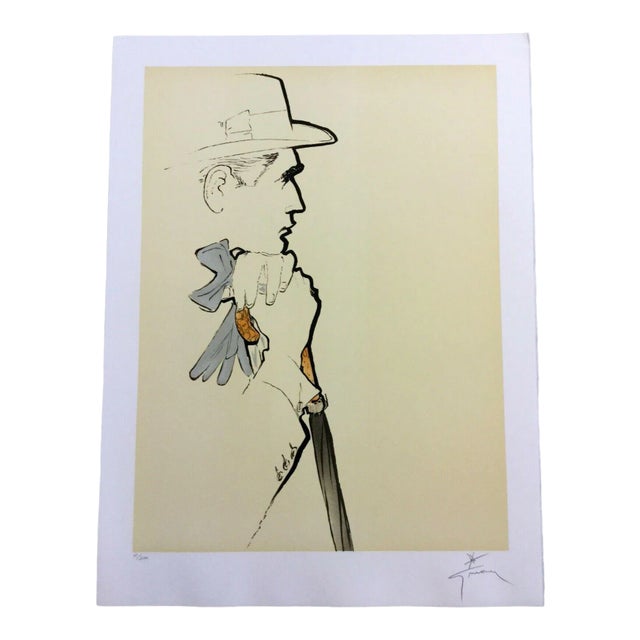Art Deco Modern Unframed "Pensive Man w/ Gloves" by Rene Gruau Hand Signed Lithograph For Sale