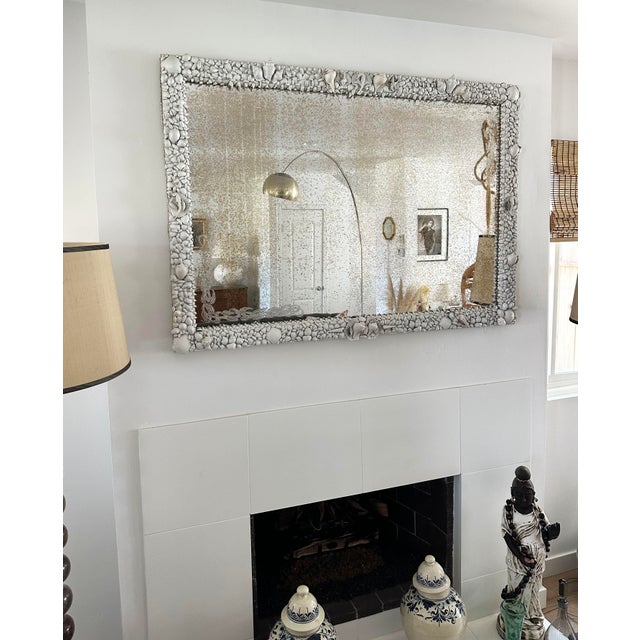 Wood Vintage Coastal Shell-Encrusted Mirror With Antiqued Glass For Sale - Image 7 of 13
