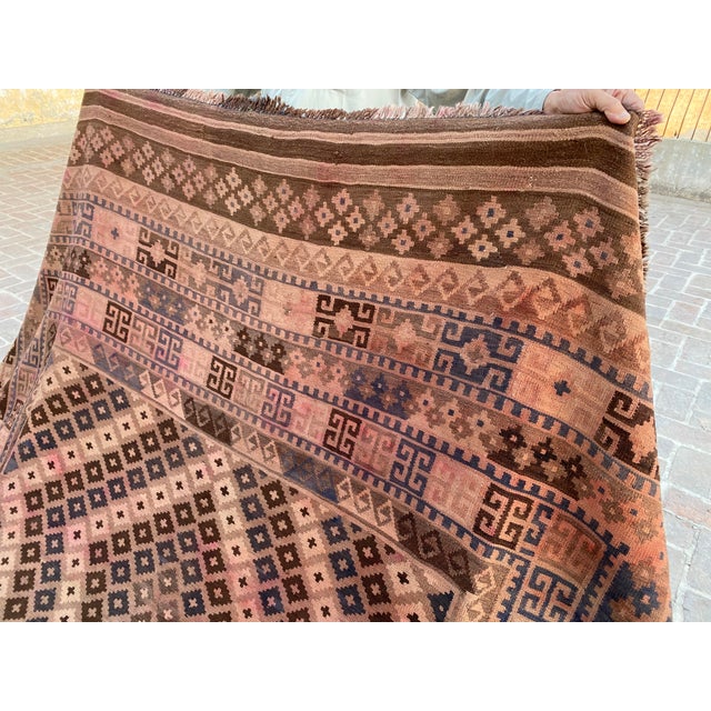 Handwoven Maimana Ghalmori Kilim Rug in Brown, Blue and Rose, 9.6 X 13.6 Ft For Sale - Image 10 of 12