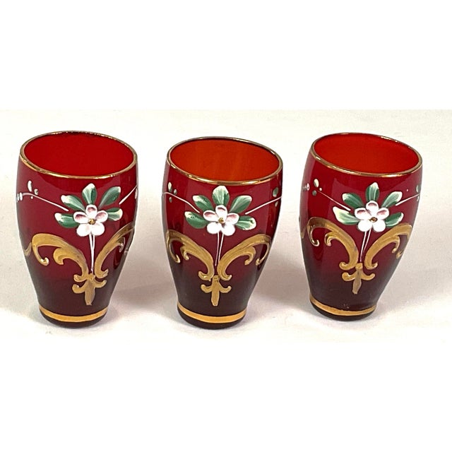 1920s Bohemian Hand Blown, Ruby Glass Decanter & 3 Cordials For Sale - Image 6 of 8