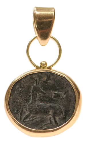 Ancient Stag & Bee Bronze Coin Pendant Trimmed in 18k Gold