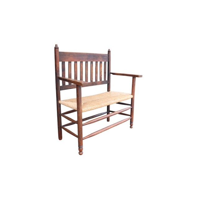Antique Dutch Arts and Crafts Wooden Bench with Woven Rush Seat, 1900 For Sale - Image 14 of 14