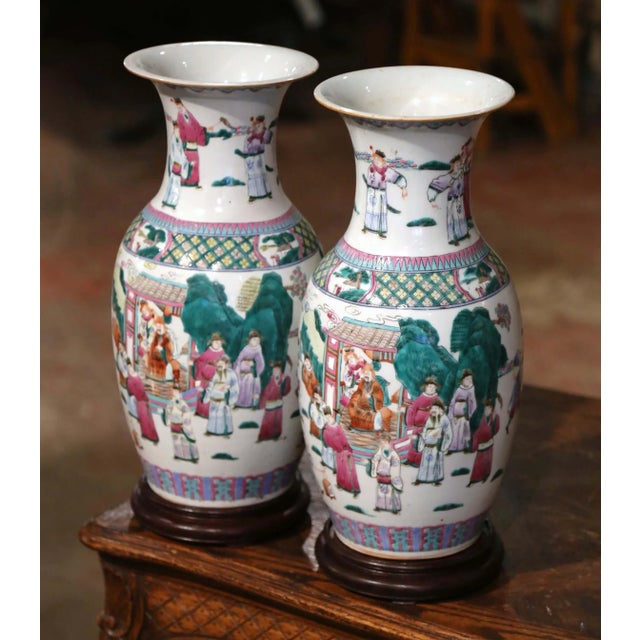 Mid 20th Century Pair of Mid-Century Chinese Famille Rose Porcelain Vases on Wood Bases For Sale - Image 5 of 12