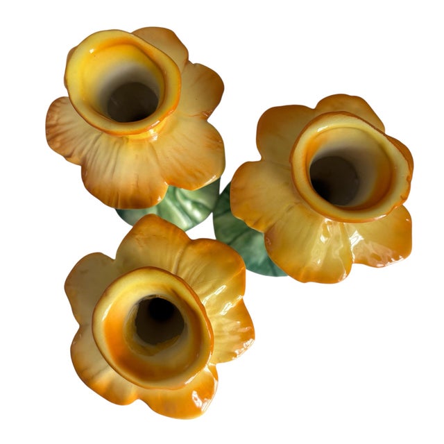 Vintage Italian Majolica Floral Daffodil Hand Painted Candlesticks Set of 3 For Sale - Image 4 of 5