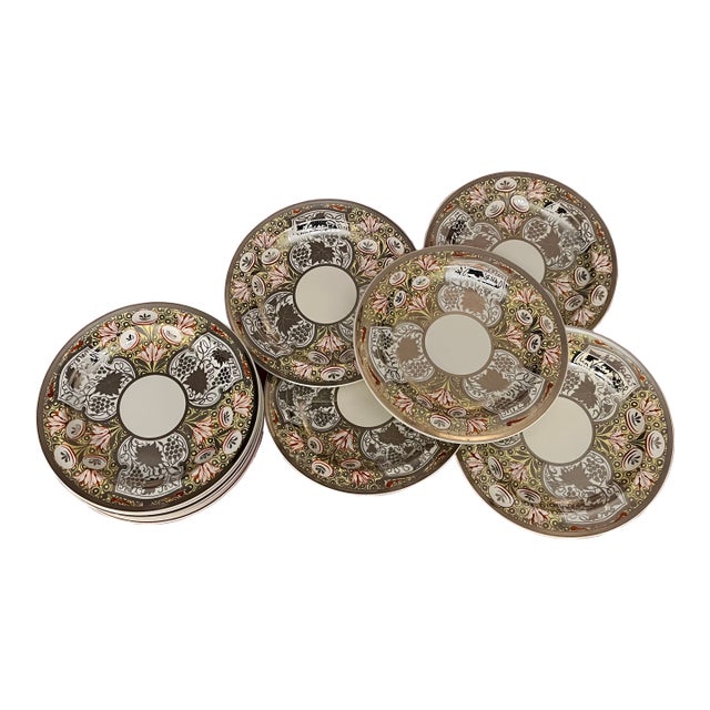 Antique Early 20th Century Wedgwood Creamware Hand Painted Silver Luster Plates - Set of 12 For Sale