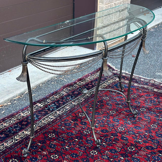 Vintage Hollywood Regency Wrought Iron Rope & Tassel Demilune Glass Top Console Table For Sale In Philadelphia - Image 6 of 12