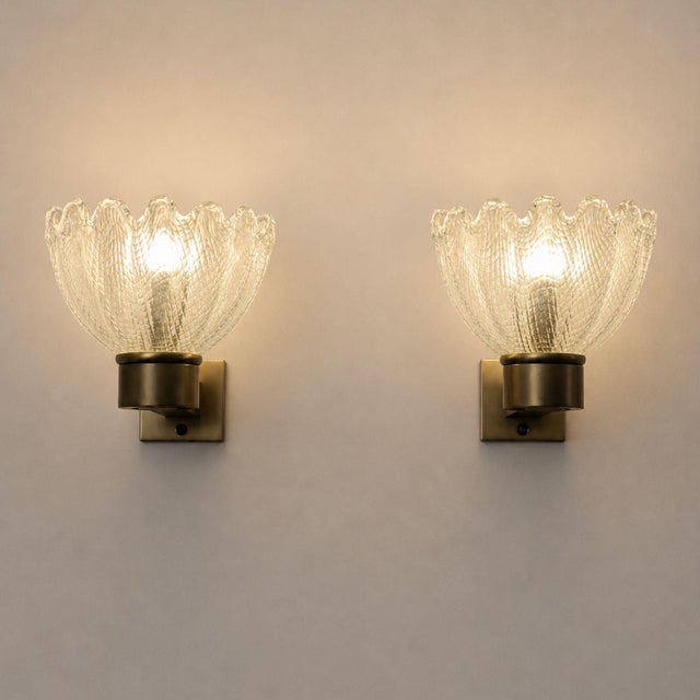 Wall Lamps in Satin Brass and Murano Glass from Barovier & Toso, 1950s, Set of 2 For Sale - Image 3 of 9