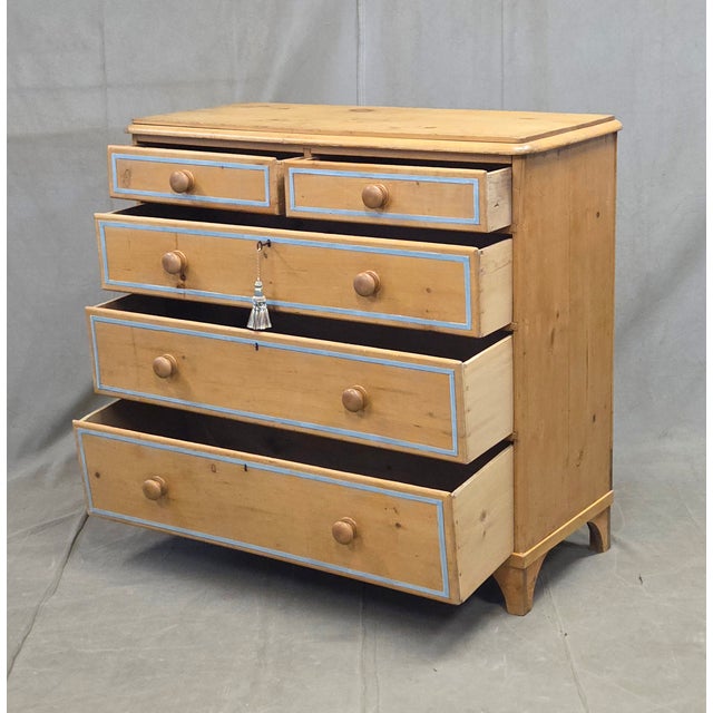 English Antique English Edwardian Natural Pine Chest of Drawers With Blue French Line For Sale - Image 3 of 6