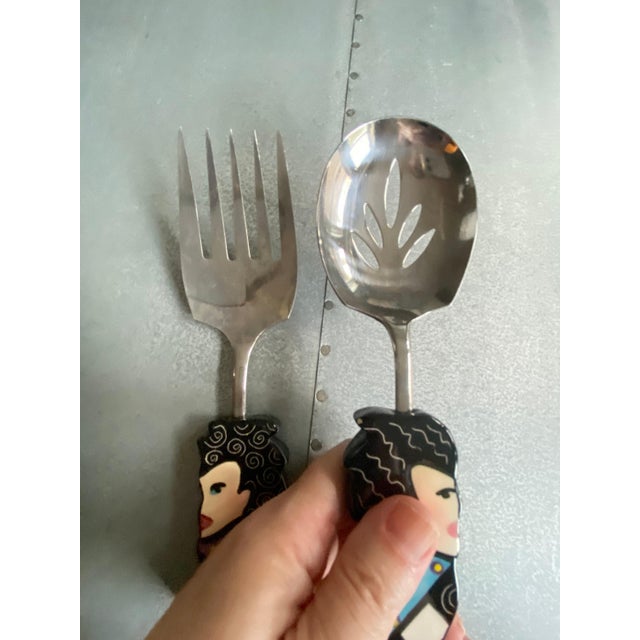 Silver 1980s Memphis Style Figural Ceramic Handle Salad Servers – A Pair For Sale - Image 8 of 10