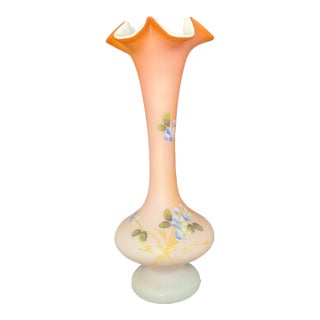 Antique Victorian Satin Peach Art Glass Vase Hand Painted Forget-Me-Nots For Sale