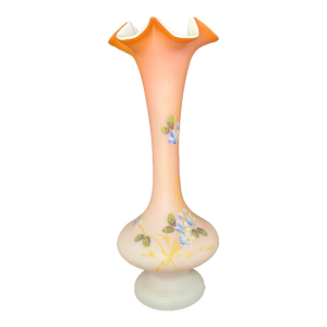 Antique Victorian Satin Peach Art Glass Vase Hand Painted Forget-Me-Nots
