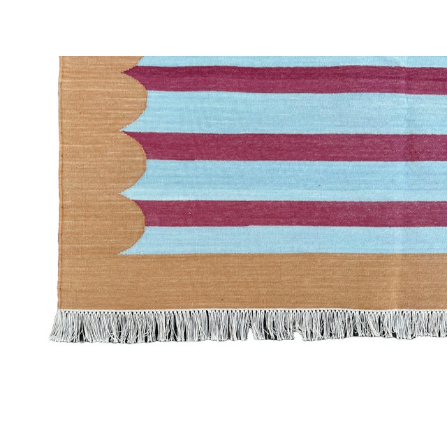 Handmade Cotton Area Rug Vegetable Dyed Sky Blue, Pink and Tan Striped Rug-12'x15' For Sale - Image 10 of 11