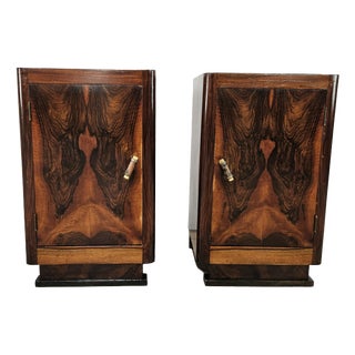 Art Deco Bedside Tables in Walnut Burl with Marble Tops, 1930, Set of 2 For Sale