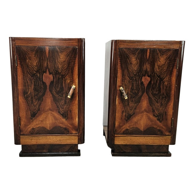 Art Deco Bedside Tables in Walnut Burl with Marble Tops, 1930, Set of 2 For Sale