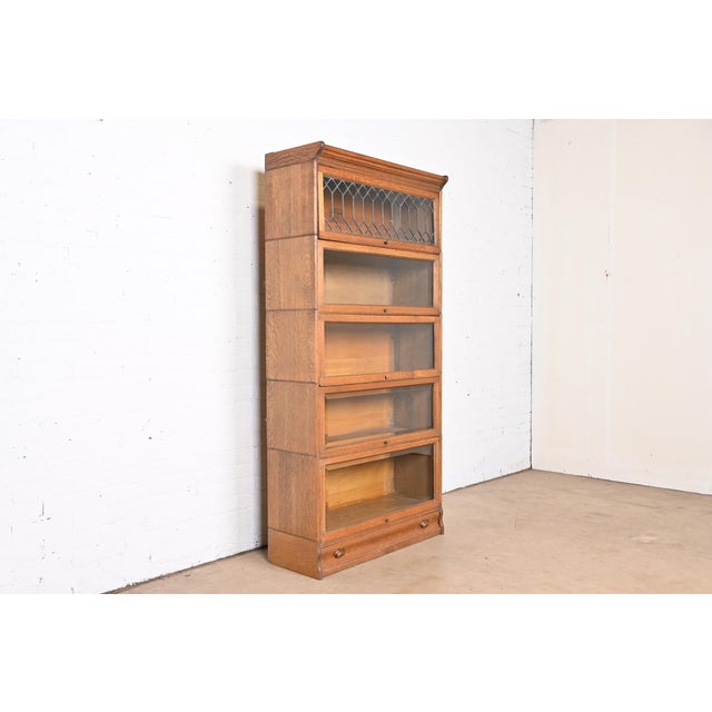 Antique Arts and Crafts Oak Five-Stack Barrister Bookcase With Leaded ...