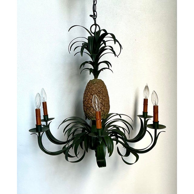 Hollywood Regency Vintage Tole Pineapple Chandelier For Sale - Image 3 of 12