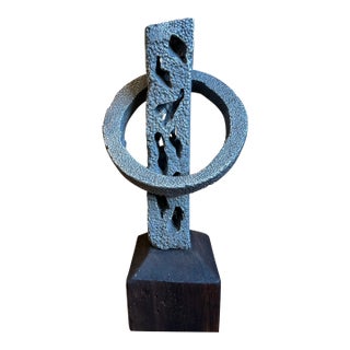 Vintage Signed 13” Hand Hammered Blackwashed Metal Sculpture on Wood Base in a Western Industrial Style For Sale