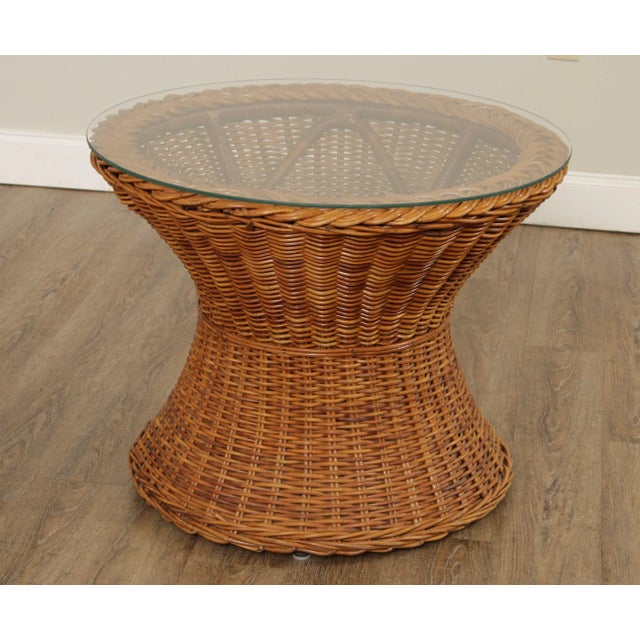 Mid-Century Modern 1970s Round Glass Top Wicker Side Table For Sale - Image 3 of 13