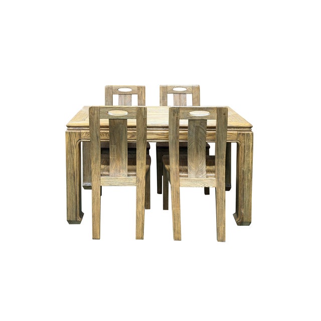 Wood Oriental Light Wood Rough Grain Rectangular Dining Table 4 Chairs Set For Sale - Image 7 of 16