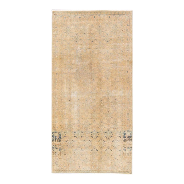 1960s Vintage Distressed Handmade Geometric Beige Wool Runner For Sale