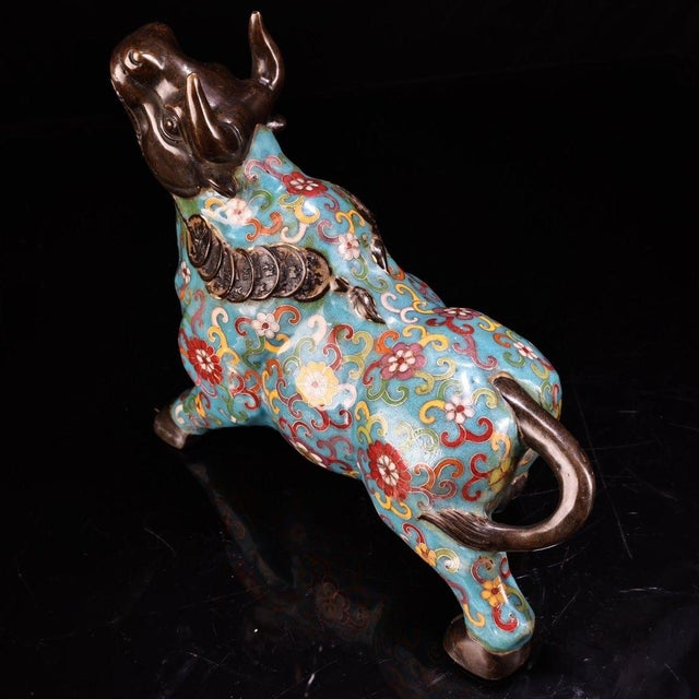 Mid 20th Century Vintage Cloisonne Enamel Ox Figure – 9.1" Gilt Mythical Bull Sculpture For Sale - Image 5 of 9