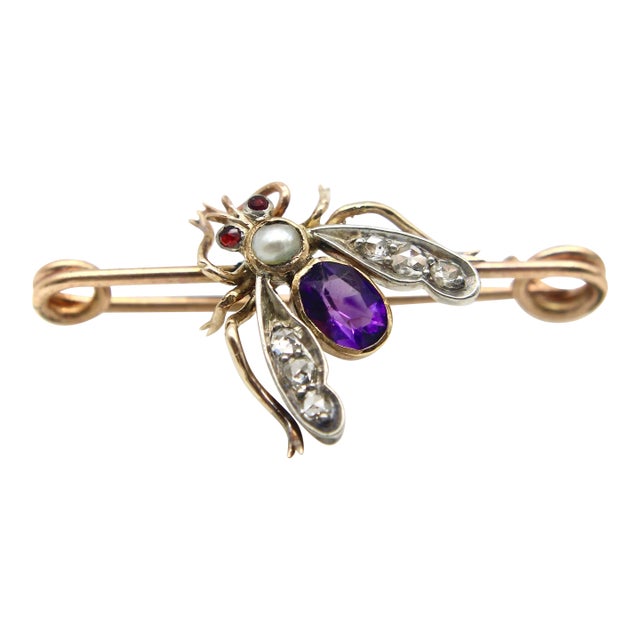 Late 19th Century Victorian 12k Gold Diamond, Amethyst, Pearl, and Garnet Fly Brooch For Sale
