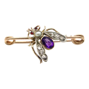 Late 19th Century Victorian 12k Gold Diamond, Amethyst, Pearl, and Garnet Fly Brooch