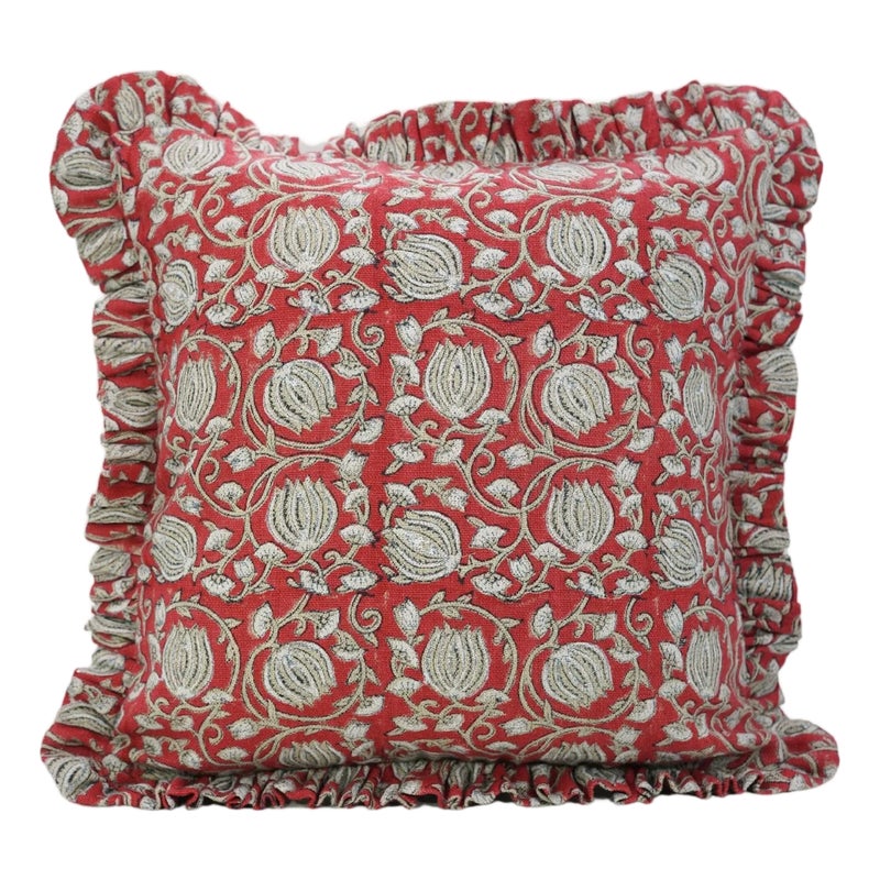 Fabdivine Handmade Block Printed Frill Cushion Cover 14x36 Inch Thick Linen- 6kamal
