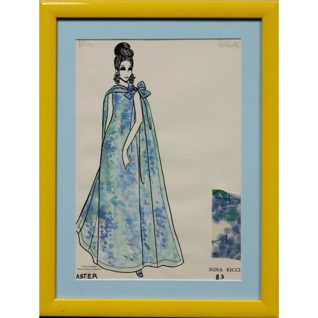 Fabulous original Nina Ricci watercolor c1960s illustration with a fabric swatch attached Provenance: a Beverly Hills, Ca...
