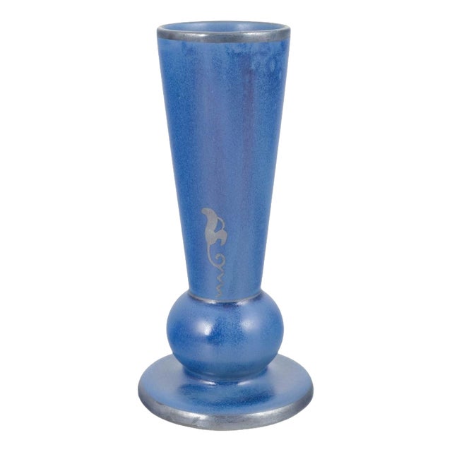 Tall Vintage Vase in Intense Blue Glaze with Stylised Motif, 1960s For Sale