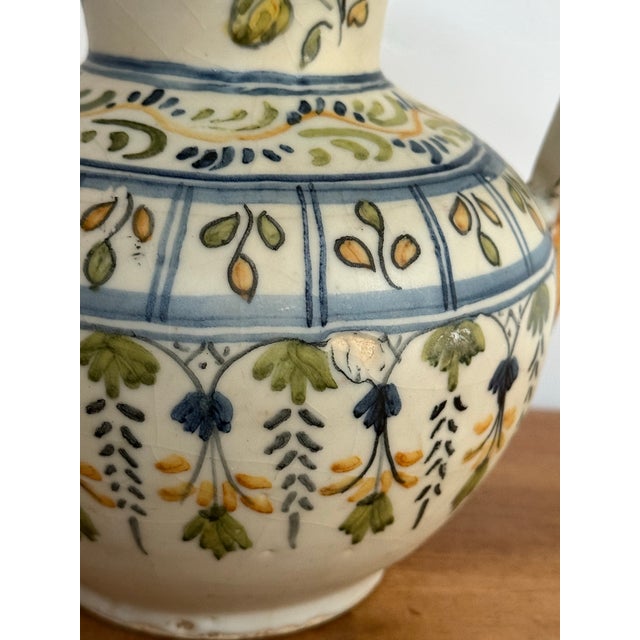 Early 20th Century Spanish Hand Painted Blue and Yellow Pottery Pitcher Jug For Sale - Image 6 of 10