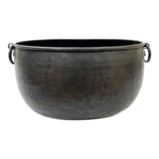 Antique Large Hammered Copper Cauldron Pot With Handles For Sale