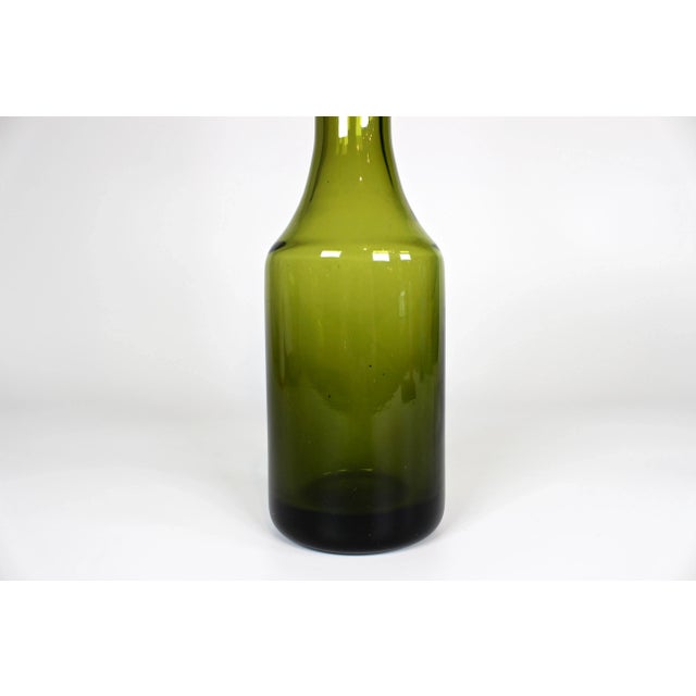 1960's Hand Blown Green Glass Decanter With Flame Tip Stopper For Sale - Image 9 of 11