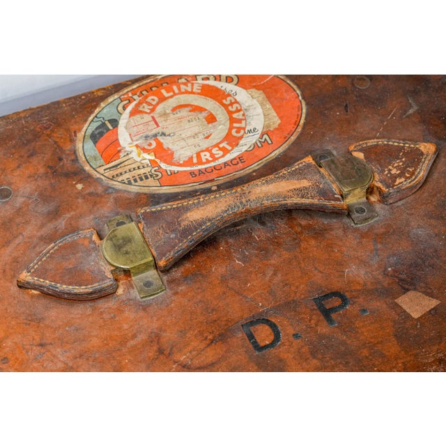 Timeworn Antique English Leather Cunard Label Case Box Home Decor Prop Storage For Sale - Image 4 of 17