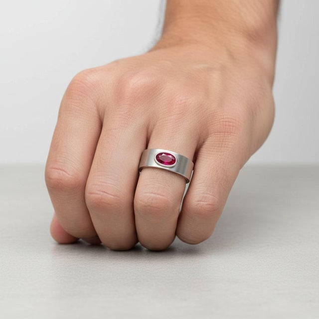 Not Yet Made - Made To Order Bezel Set Oval Ruby Wide Matte Band Silver, Gold, Size 10 For Sale - Image 5 of 7