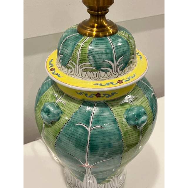 Chinoiserie Hand-Painted Jingdezhen Porcelain Vase-Form Lamp With Foo Dog Handles – Bok Choy Pattern For Sale - Image 3 of 12