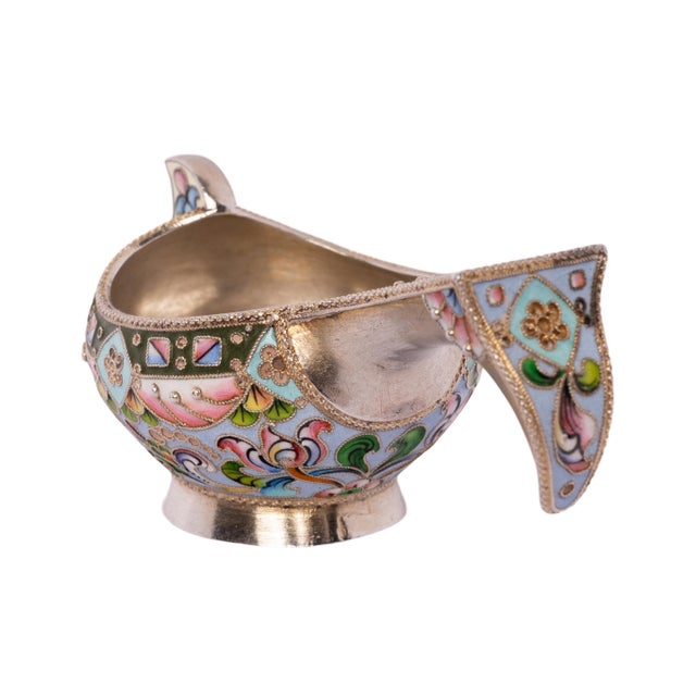 Gold Antique Imperial Russian Solid Silver Gilt Cloisonne Enamel Kovsh Moscow 1908 For Sale - Image 8 of 11