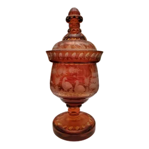 Antique Bohemian Glass Moser Amber Etched Goblet