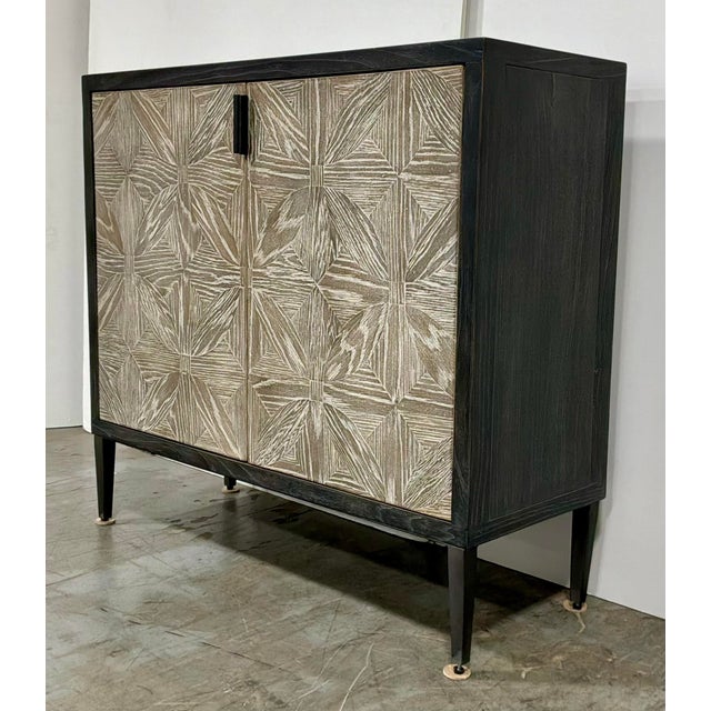 Stylish Modern Farmhouse Taupe Wood Two Door Cabinet, blacker cerused wood case, gray painted interior, one shelf,...