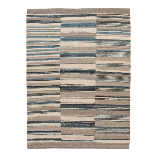 Modern Flat-Weave Kilim Wool Rug With Abstract Design in Beige and Blue For Sale