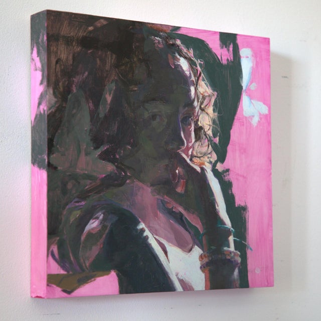 This oil on panel artwork features a contemplative figure, partially obscured by bold, expressive brushstrokes in vibrant...