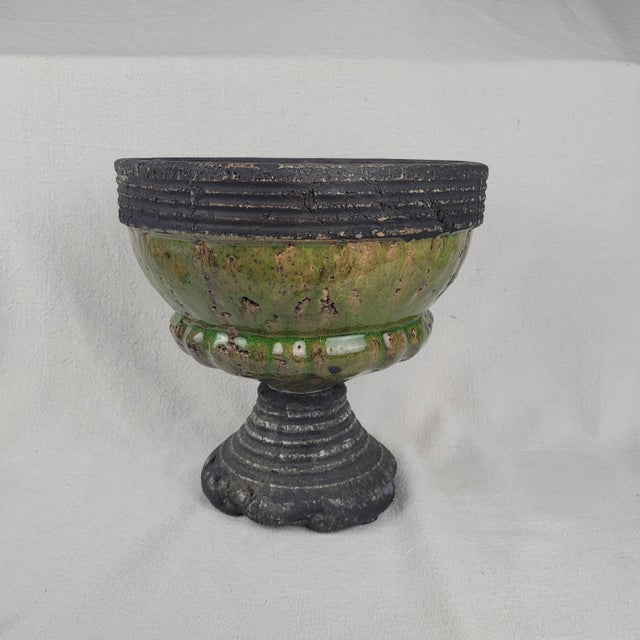 Rustic Late 20th Century Rustic Green Glazed Stoneware Pedestal Bowl Urn Footed Artisan Pottery For Sale - Image 3 of 9
