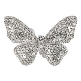 18k White Gold 7ctw Square Baguettes and Rounds Diamond Butterfly Cocktail Ring, Size 7 For Sale