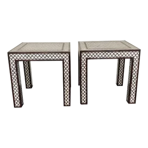 Late 20th Century Moroccan Style Chocolate Wood and Cream Square Inlaid Side Tables—A Pair