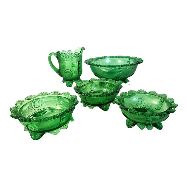 Late 19th Century Early American Pressed Glass Berry Set in the "Dewey" Pattern - Set of 5 For Sale