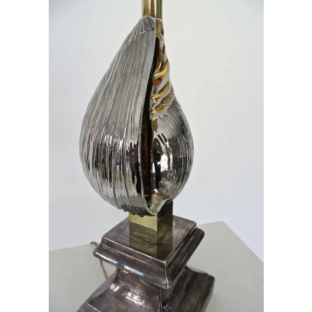French Table Lamp Silver and Gold Glazed Ceramic Seashell Classical Pediment For Sale - Image 9 of 11