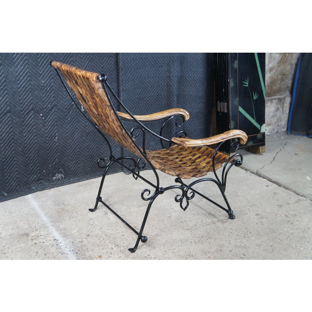 1990s Vintage Omani Scrolled Wrought Iron Teak Saddle Seat Lounge Armchair For Sale - Image 5 of 13